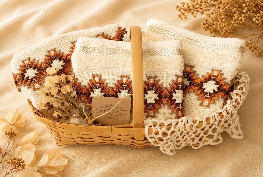 "Kit de toalhas artesanais Essência Natural com bordados e cesto de bambu"