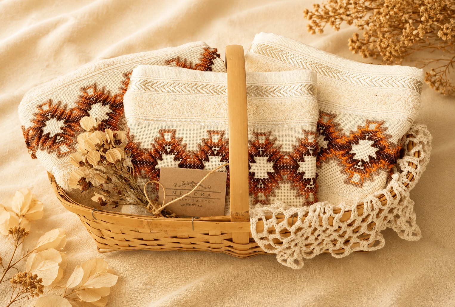 "Kit de toalhas artesanais Essência Natural com bordados e cesto de bambu"