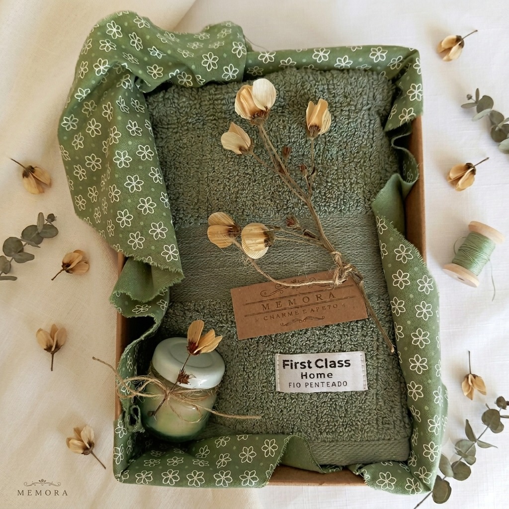 Kit Presente Biofílico com toalha verde, vela artesanal e buquê de palha.