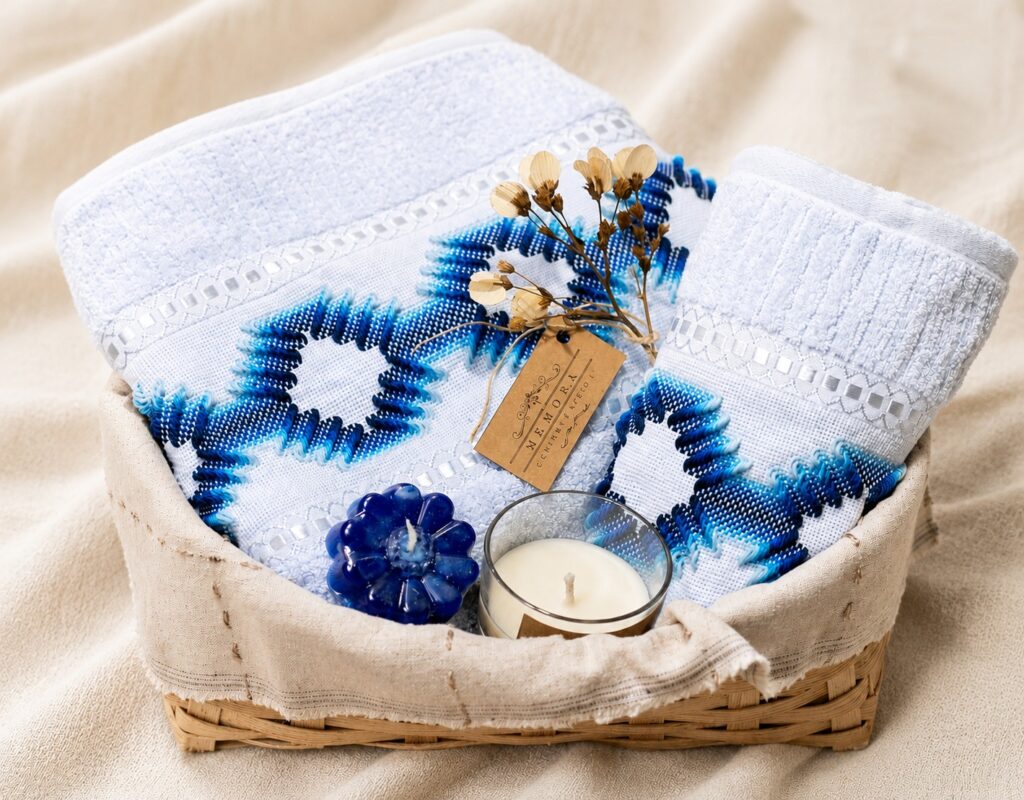 "Kit de presente de banho Bem-Estar Oceânico com toalhas azuis Karsten, velas artesanais e cesto de bambu."