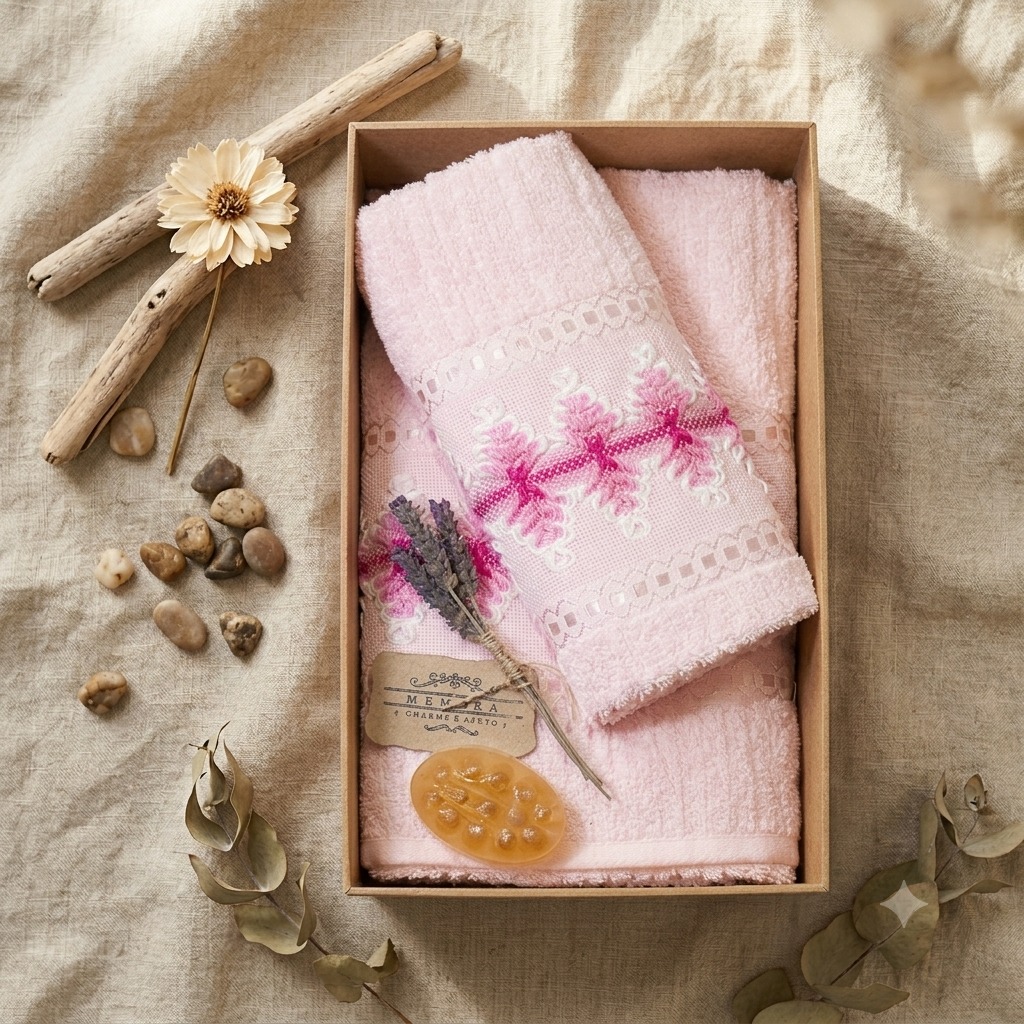 "Kit de banho artesanal Ritual Rosé em caixa de madeira com toalhas rosa bordadas à mão, sabonete natural de mel e aveia e botão de rosa desidratado."